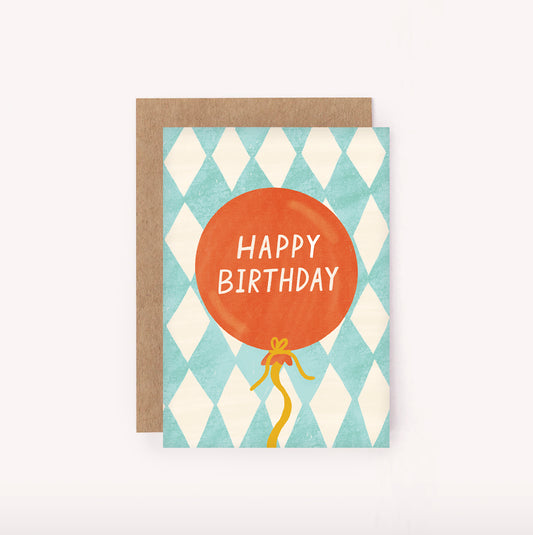 Illustrated "Happy Birthday" mini card - bright orange balloon set upon a check blue and beige background