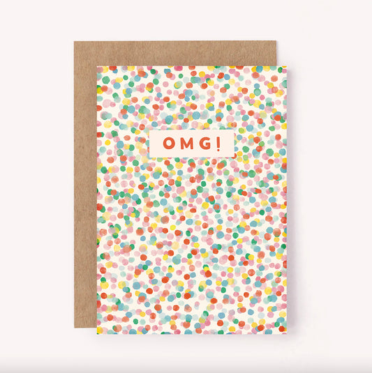 Illustrated "OMG!" sprinkled rainbow confetti greeting card, perfect for congratulating someone on joyful news such as an engagement, pregnancy or new home