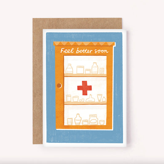 "Feel Better Soon" card. This design features a bright orange medicine cabinet on a blue background. Send to someone who isn't feeling their best witih a get well soon message