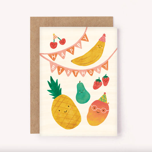 Illustrated birthday card with a cute little fruit party. Perfect for a children's birthday or fruit lover