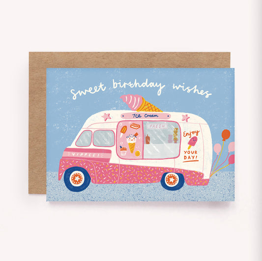 Send "Sweet Birthday Wishes" with this illustrated, retro ice cream van greeting card with a giant ice cream on top of a pink and white van and birthday balloons. Perfect as a cute kid's birthday card or any ice cream lover.
