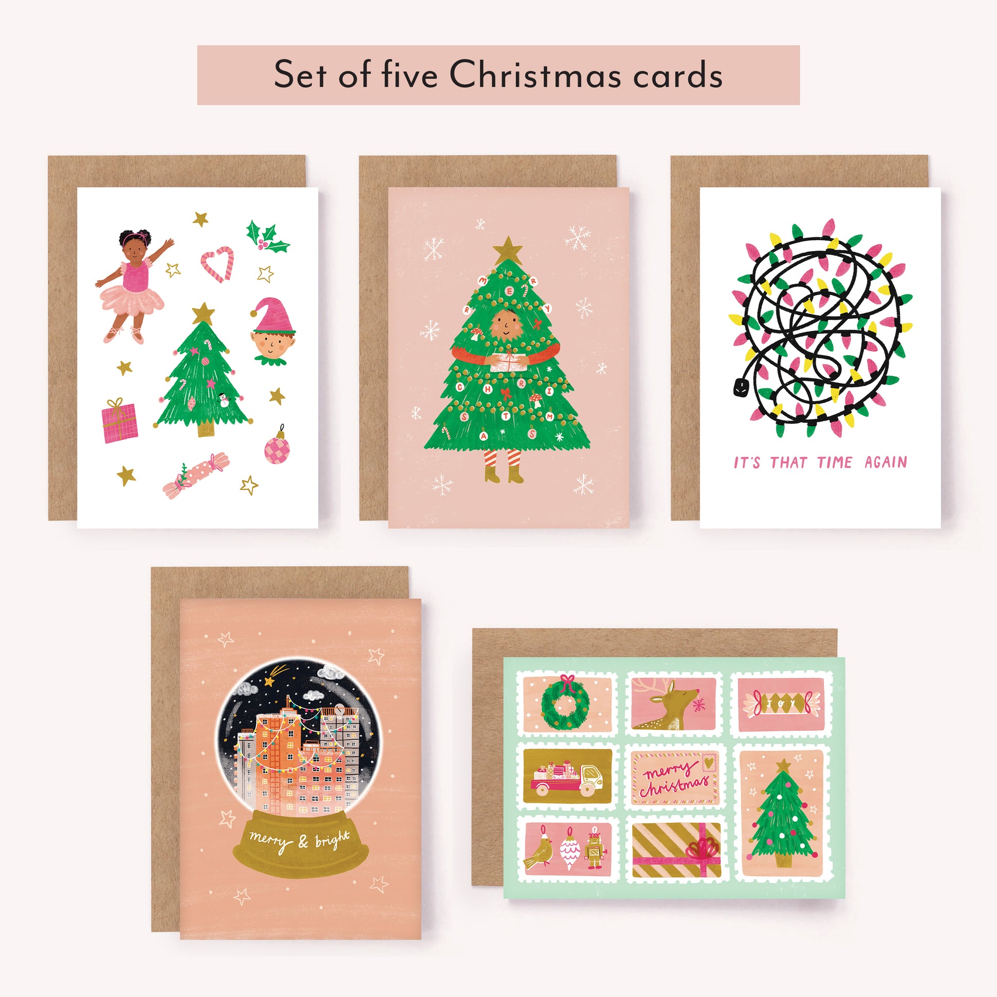 Spread joy with our unique, illustrated Christmas cards! This packaged set includes 5 x different designs with accompanying envelopes. They are all blank inside for a personal message. You'll save money when you buy this bundle :)