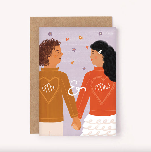 Celebrate the marriage of a newlywed couple with this "Mr. & Mrs." wedding greeting card. Features an illustrated couple in matching embroidered jackets, holding hands on their happy day