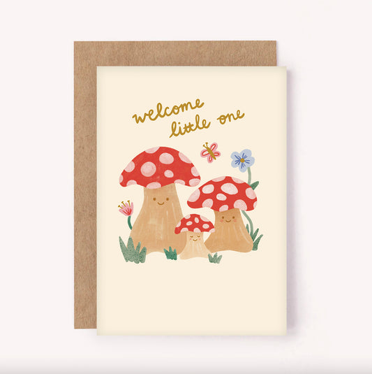 Welcome Little One - Cute Mushrooms New Baby Greeting Card