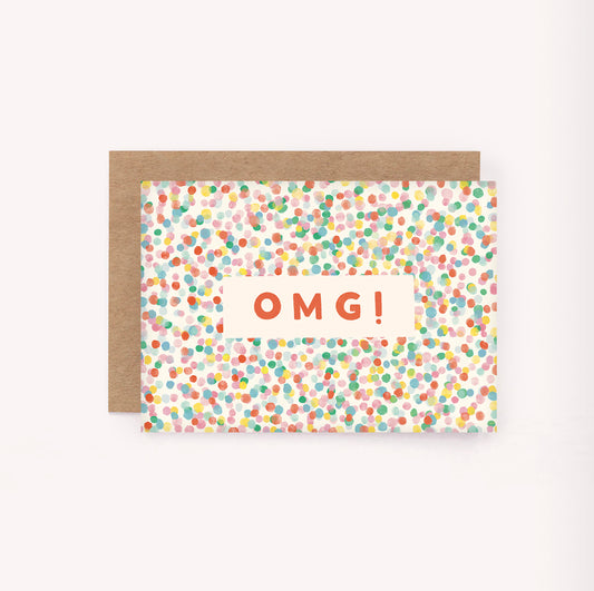 OMG! Mini Confetti Greeting Card. Perfect to celebrate good news, an engagement, pregnancy or new home.