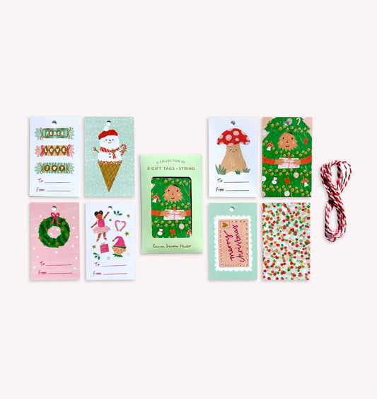 Festive Gift Tag Set - 8 Christmas Tags + String