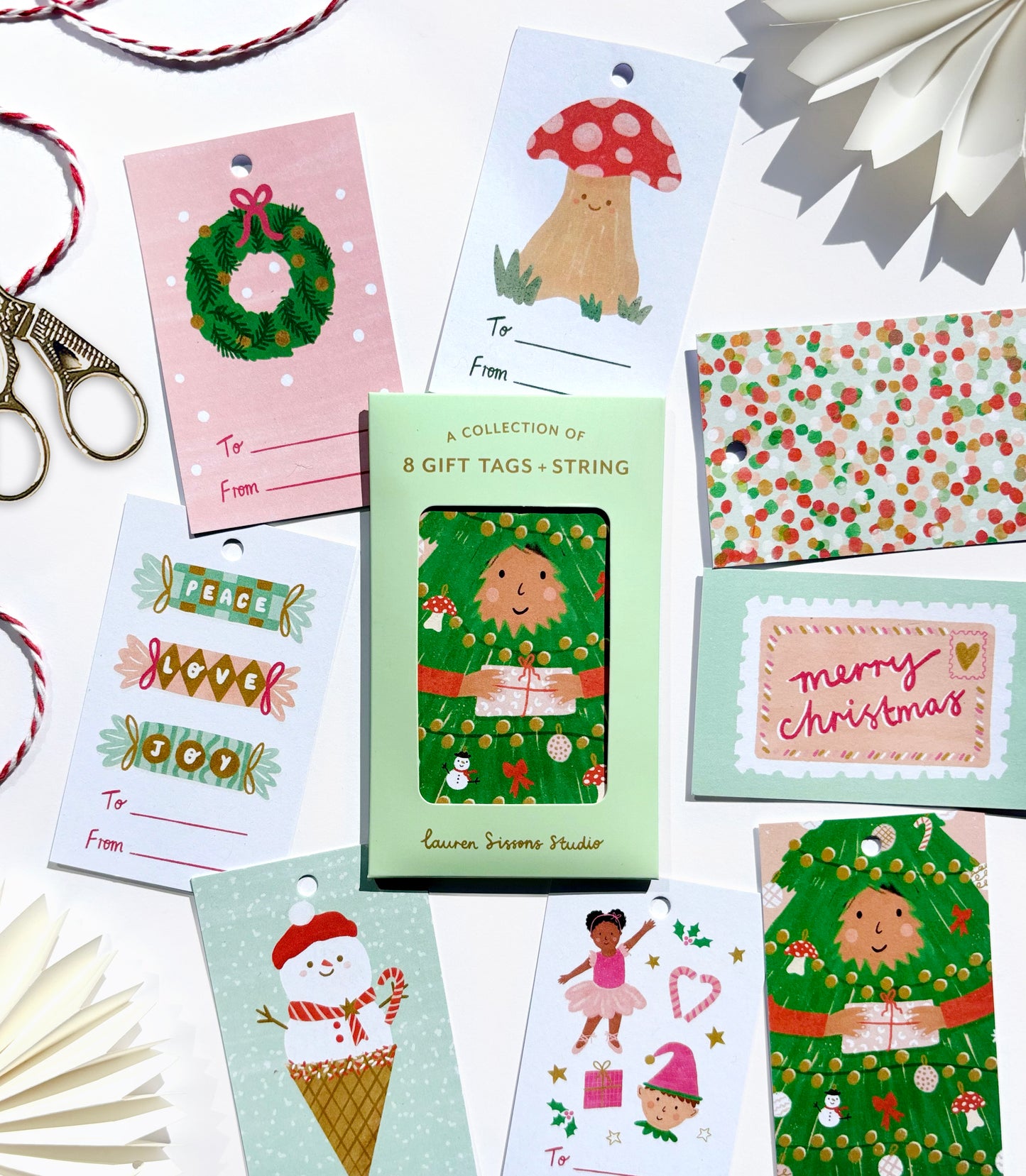 Festive Gift Tag Set - 8 Christmas Tags + String