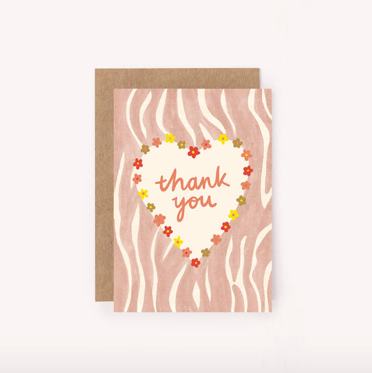 Illustrated pink zebra pattern mini card, featuring a floral outlined heart with hand-lettered "Thank You" inside