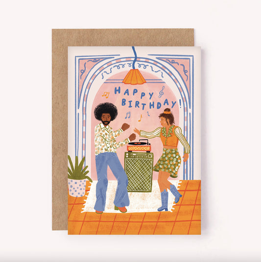 Fun retro 70's disco birthday card with vinyl record player and couple dancing