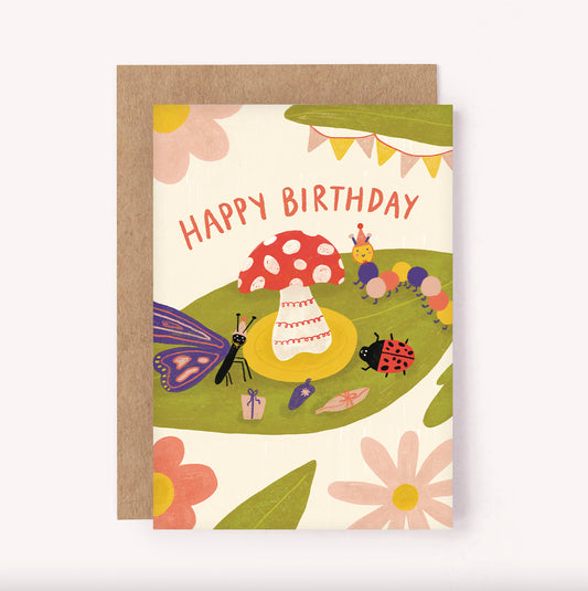"Happy Birthday" bug party themed kid's greeting card with butterfly, caterpillar, ladybird and toadstool mushroom cake