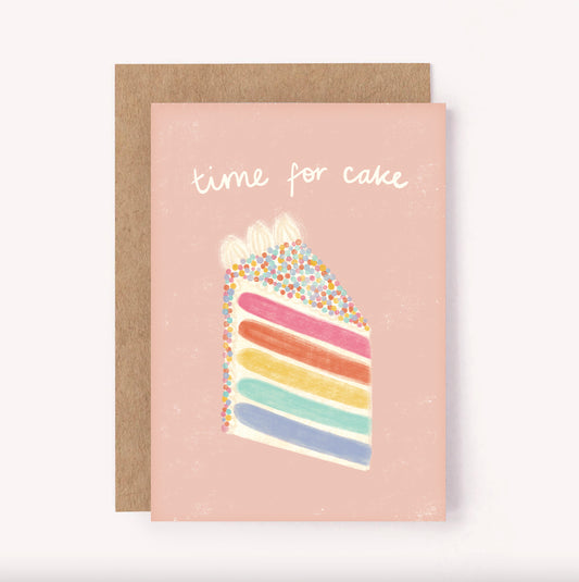 This birthday card has an illustrated rainbow sprinkle cake set upon a pink background with hand-lettered "Time for Cake"