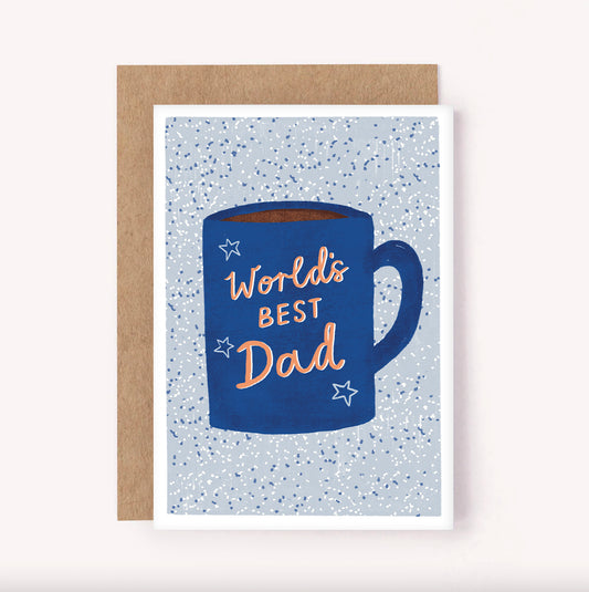 Celebrate Dad with this illustrated "World's Best Dad" mug card. Bright orange hand-lettering sits across a dark blue mug with a speckled light blue background. Perfect for Father's Day, Dad's birthday or any time you want to tell Dad you appreciate him