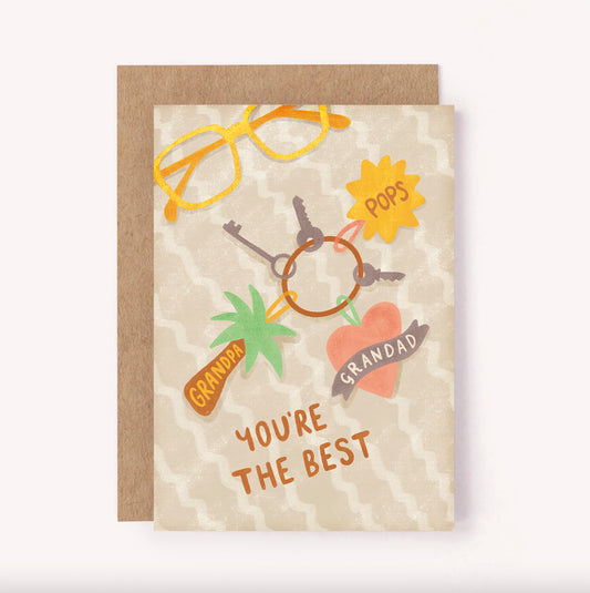 This greeting card is perfect for Father's Day, Granddad's birthday or just telling your Grandad that you appreciate him - any time of year. Alongside some illustrated retro glasses is a set of keys with palm tree, sun and heart keyrings that read "Grandad, Pops, Grandpa, You're The Best Card"