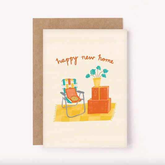 Celebrate a friend or loved one's next chapter as they move into a new home. This illustrated housewarming card has moving boxes and a takeaway pizza with the message "Happy New Home"