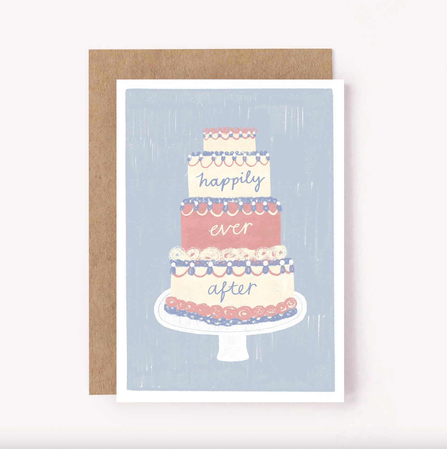 Illustrated tiered wedding cake set upon a blue background reads "Happily Ever After". A cute but classic wedding card for newlyweds
