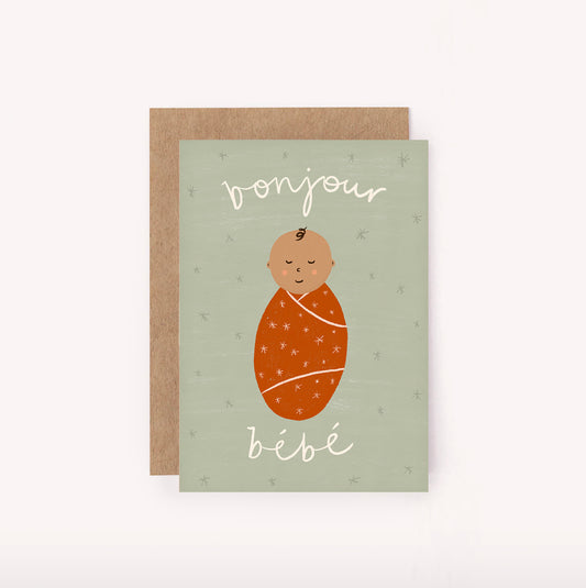 "Bonjour Bebe" New Baby Mini Card perfect for a baby shower or welcoming a new arrival. Gender neutral colours