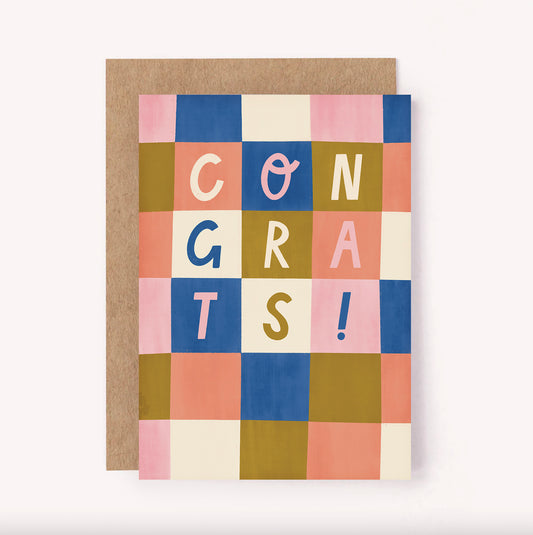 Say "Congrats!" with this bold check pattern, hand-lettered card. Congratulate someone on joyful news - an engagement, new job, getting into uni or moving house