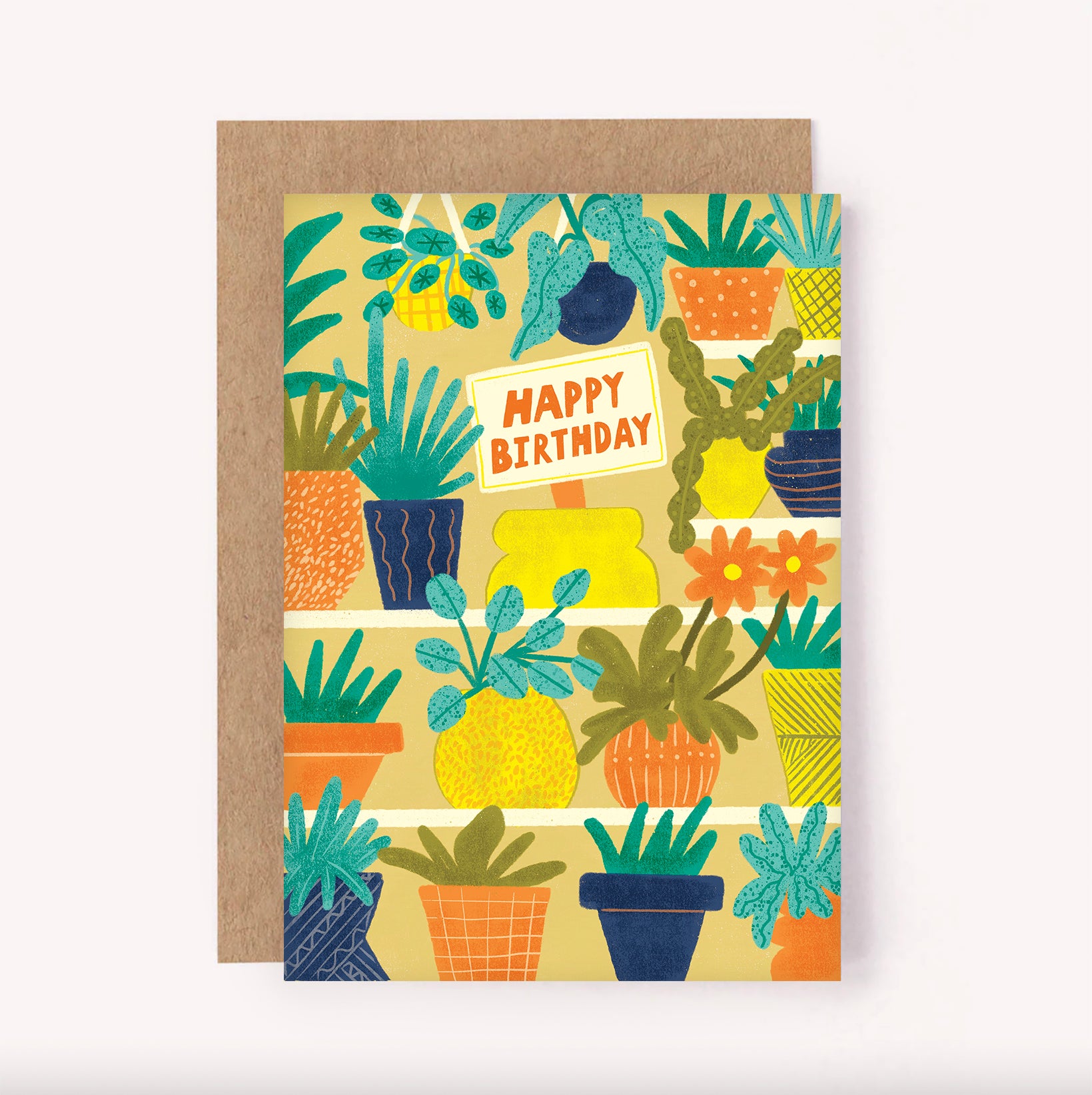 This birthday card features rows of beautiful, illustrated potted plants and hanging baskets filled with foliage. "Happy Birthday" is handwritten on a sign in bright orange