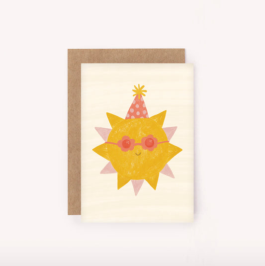 This illustrated mini card features a smiling sunshine with party hat. Perfect for a birthday celebration or brightening someone's day!  These cute mini cards make the perfect add-on to a floral arrangement or gift