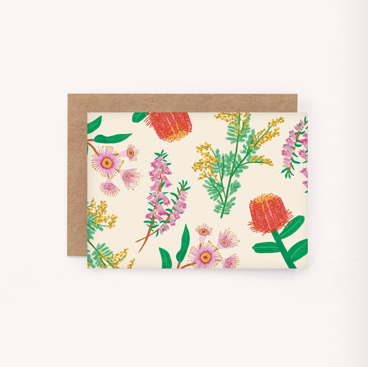 Illustrated Australian Wildflowers mini card featuring banksia, wattle, heath and gum flowers. Blank inside for a personal message