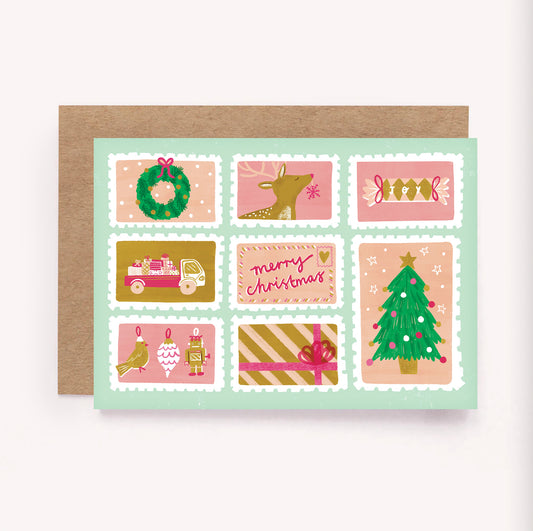 Illustrated "Merry Christmas" holidays greeting card featuring cute Christmas tree decorations, reindeer and a truckload of beautifully wrapped gifts all set within postage stamps