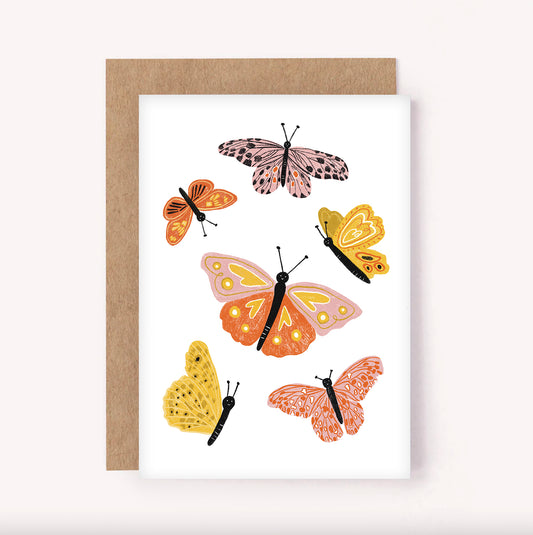 Colourful orange, pink and yellow illustrated butterfly greeting card with white background. Perfect for everyday or as a thank you card