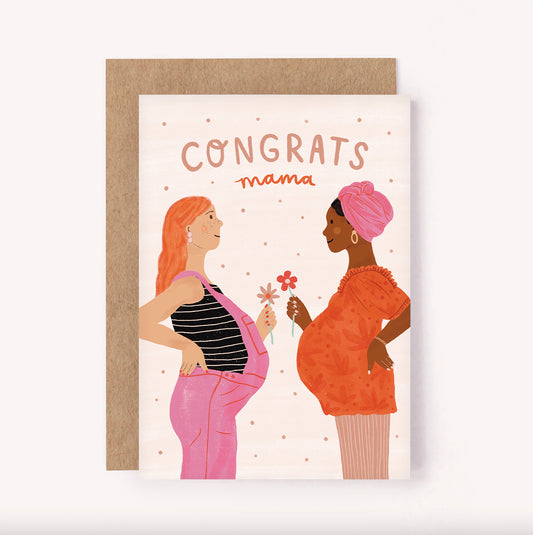 Congratulate a new Mama or Mama-to-be with this illustrated greeting card. The colourful design features two pregnant women holding a flower each as they smile at each other. Perfect for a baby shower, to congratulate an expecting Mum or as a thoughtful gift for a new parent