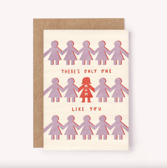 Let Mum know that she's one of a kind with this sweet illustrated greeting card. Amongst rows of purple paper cut-out dolls there is one that stands out from the rest. Perfect for Mother's Day or telling Mum you appreciate her - any time of year.