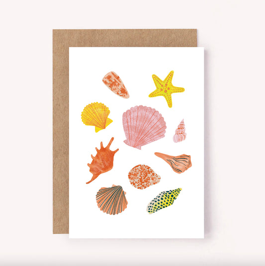 Colourful collection of illustrated seashells greeting card. This beach inspired design of beautiful pink, yellow and orange shells is on a minimal white background