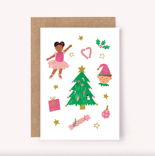 This sweet Christmas card celebrates the festive holidays with a ballerina dancing in a pink tutu and cheery elf next to a decorated tree. They are surrounded by illustrated candy canes, holly, baubles, beautiful gifts and tiny golden stars
